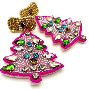 Handcrafted Whimsical Pink Sparkly Jeweled Christmas Tree Statement Earrings New